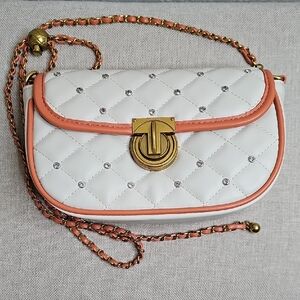 Milan Chiva Quilted Crossbody Clutch Cream Terra Cotta Rhinestones Gold Hardware